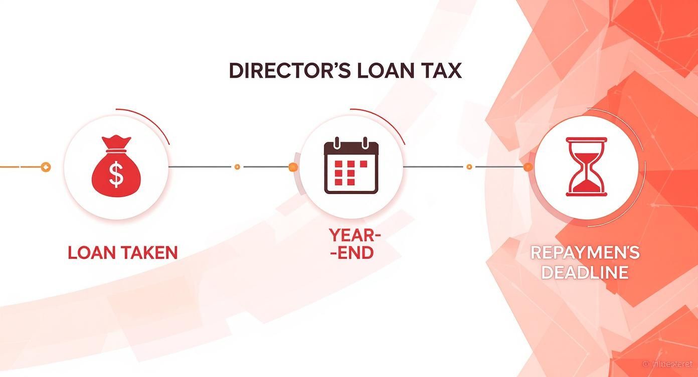 Infographic timeline illustrating the director's loan tax process from loan taken to repayment deadline.