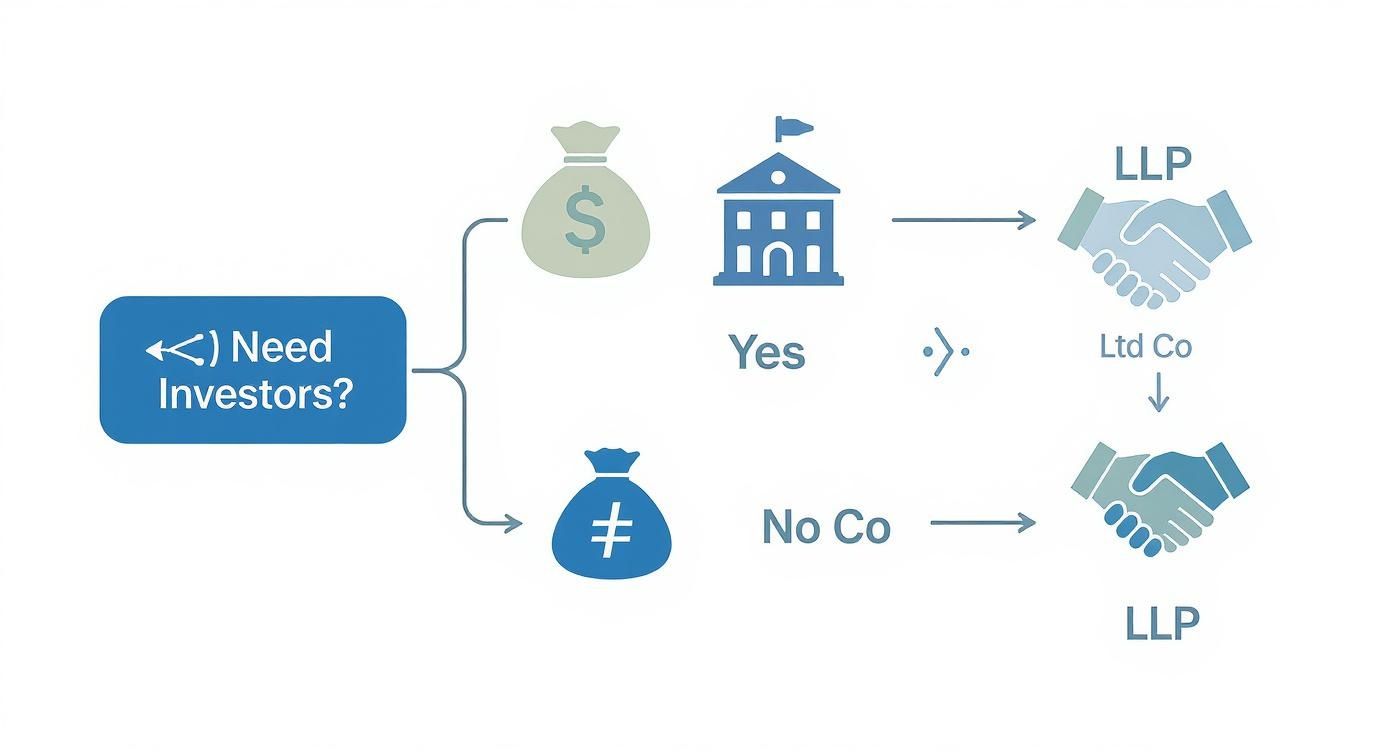 Flowchart illustrating business structure decisions for LLP and Ltd Co, based on needing investors.