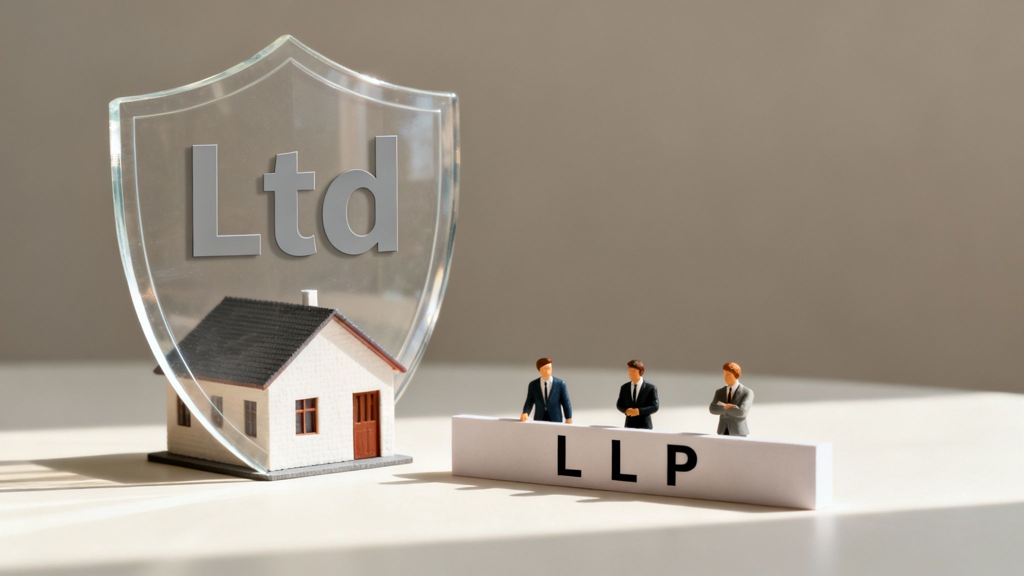 Miniature house protected by a shield labeled 'Ltd' and business figures behind a 'LLP' sign.