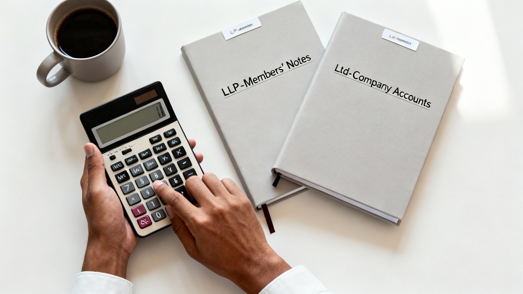 Hands using a calculator with two accounting notebooks and a coffee cup on a white desk.