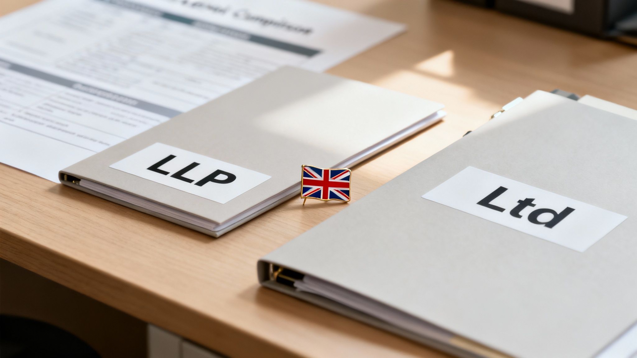 Folders labeled 'LLP' and 'Ltd' with a UK flag, representing different business structures.