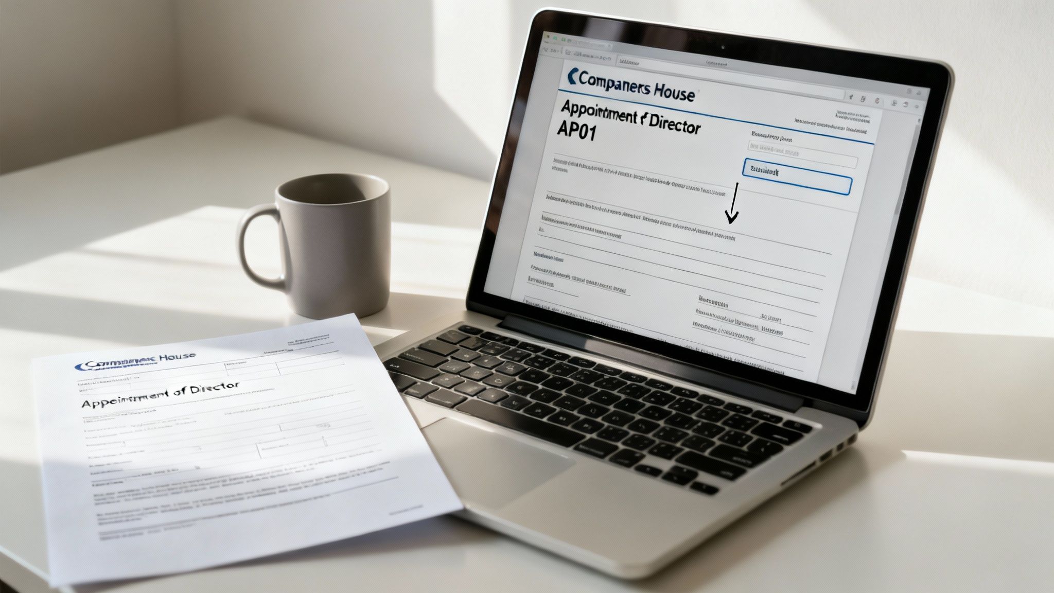 Laptop showing Companies House AP01 form for director appointment next to a paper copy and mug.