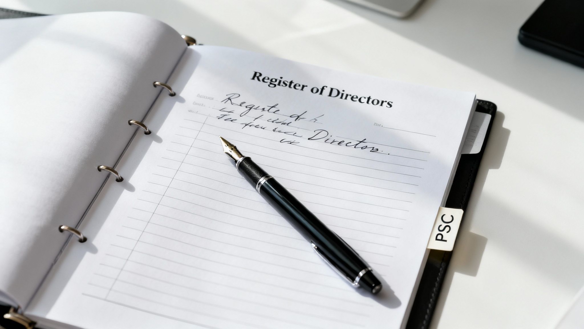 An open register book titled 'Register of Directors' with handwritten notes and a fountain pen.