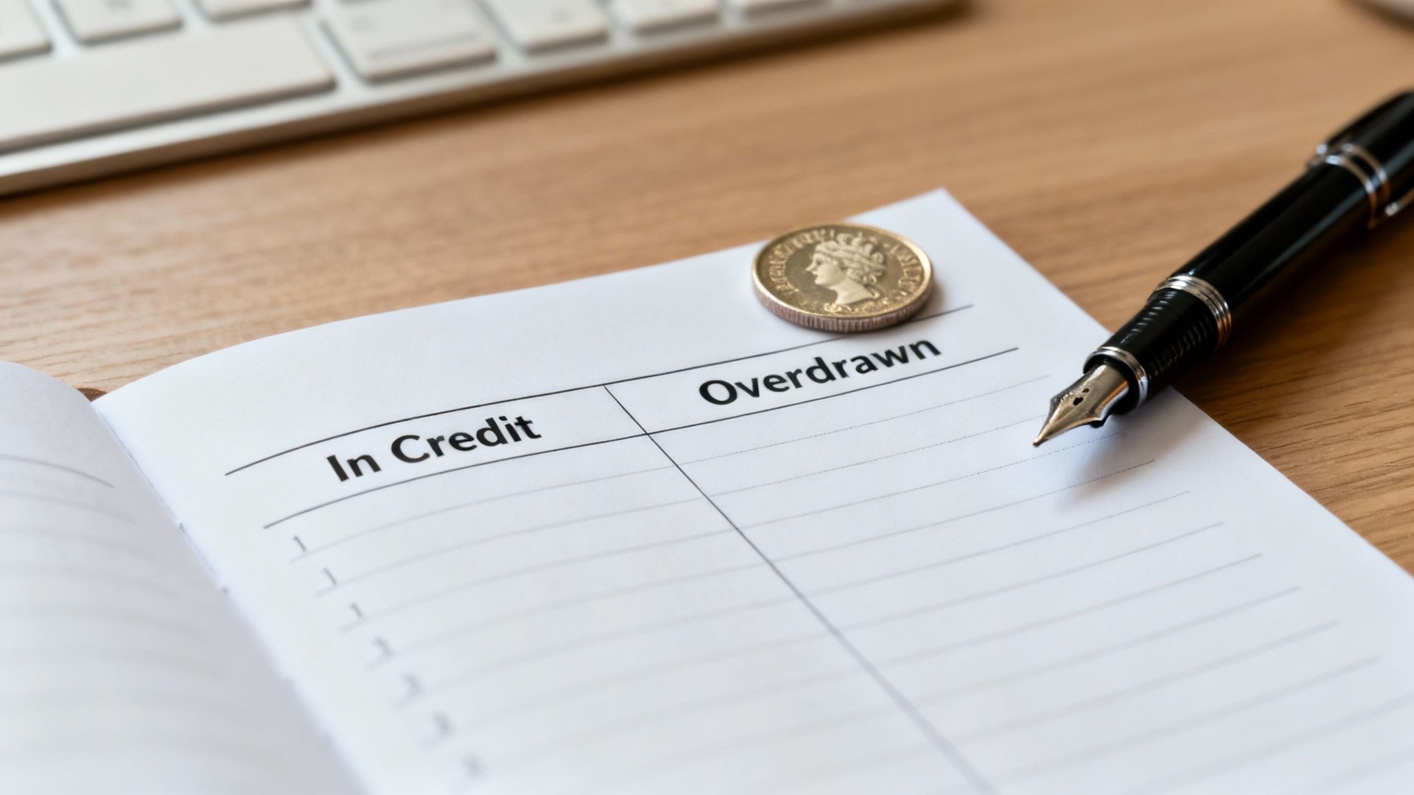 An open ledger book showing 'In Credit' and 'Overdrawn' columns, with a pen and a coin.