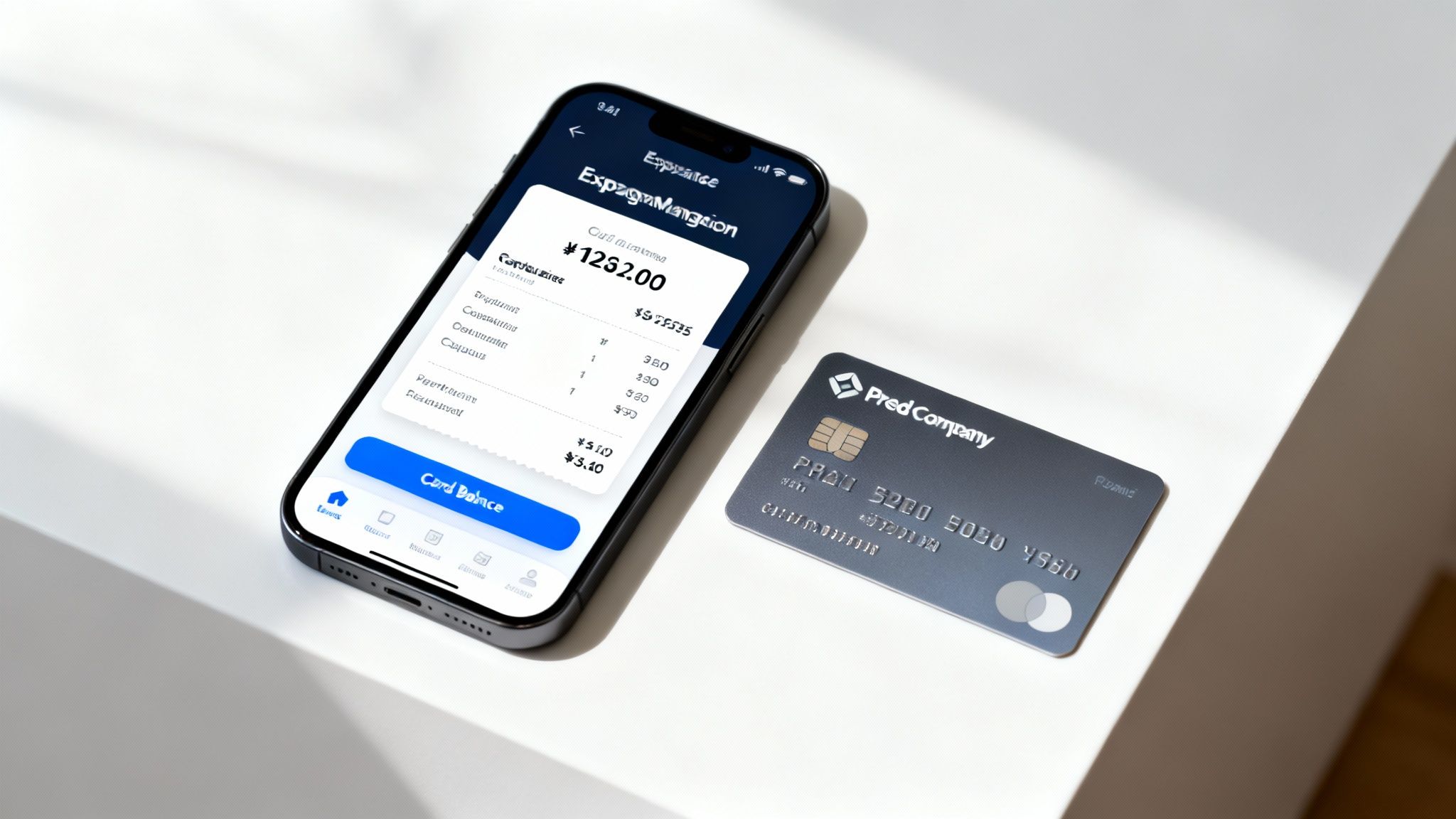 A smartphone displaying an expense management app next to a grey credit card on a white surface.