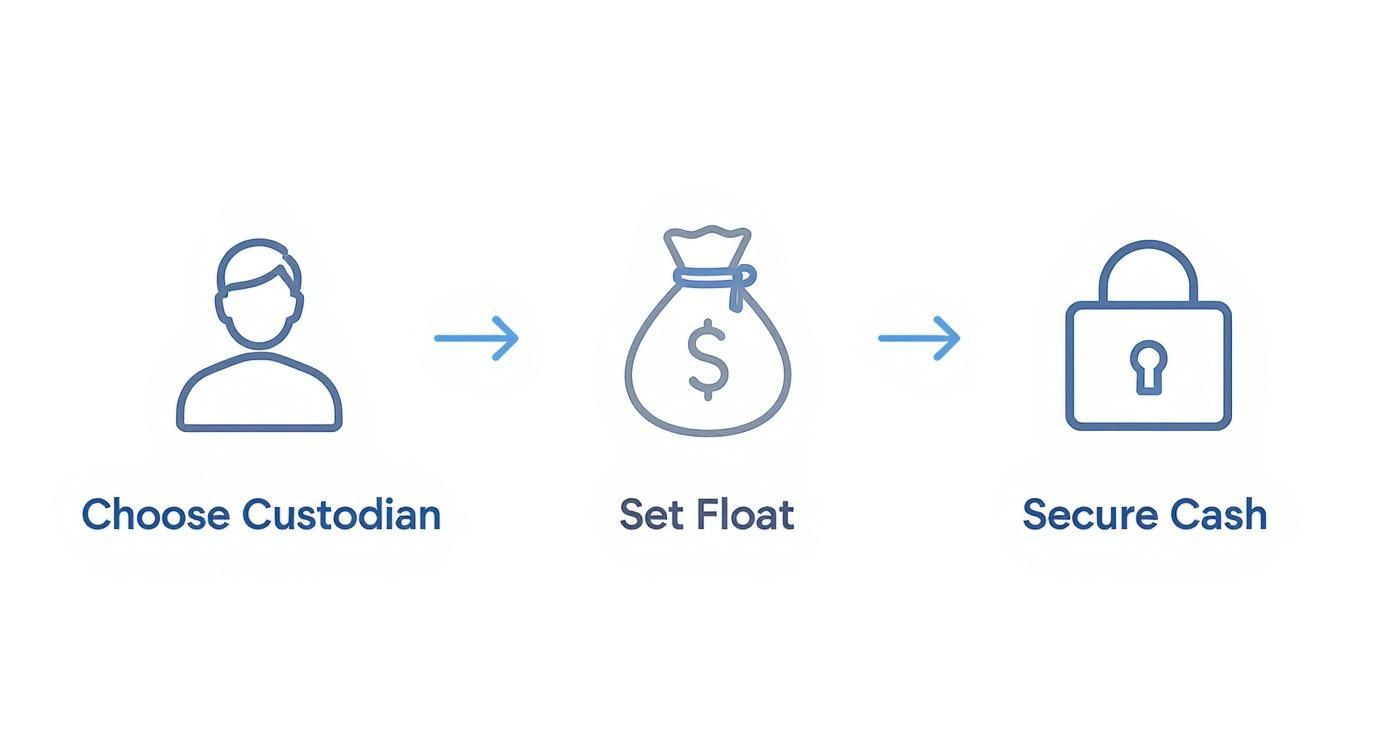 Diagram illustrating three steps: Choose Custodian, Set Float, and Secure Cash, with arrows.