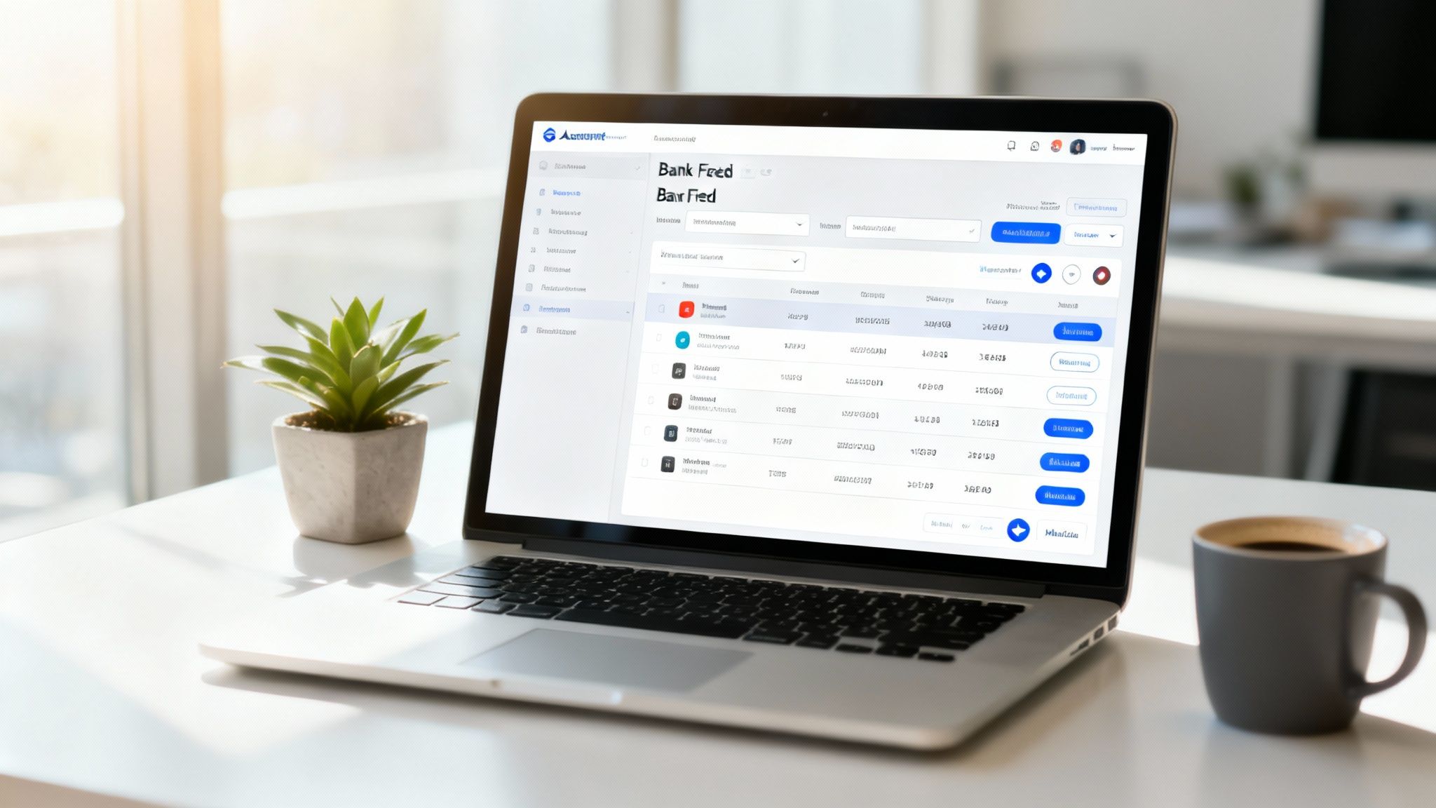 A laptop on a white desk displays a banking application with a "Bank Feed" screen, alongside a plant and coffee mug.