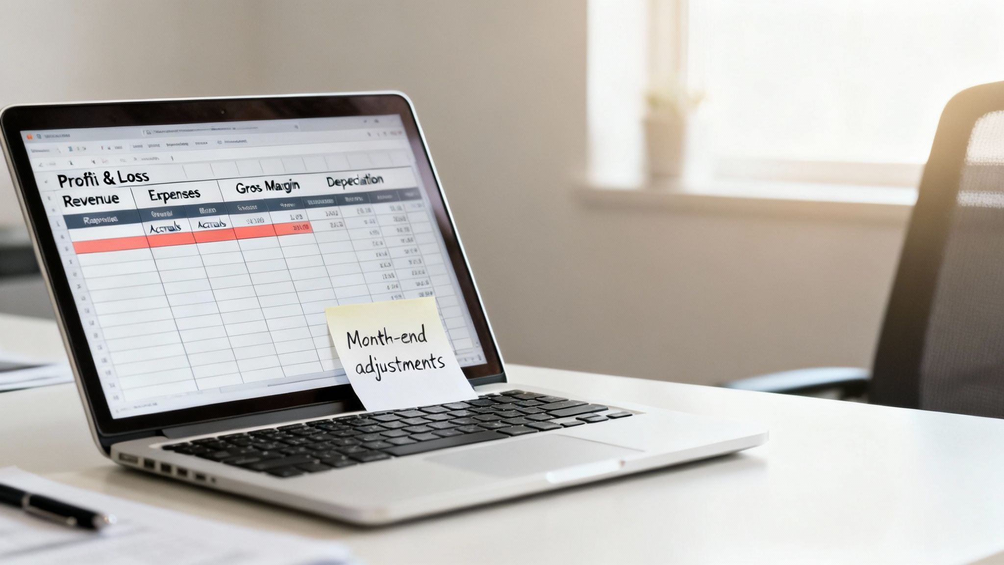 A laptop displaying a Profit & Loss spreadsheet with a sticky note saying 'Month-end adjustments' on its keyboard.