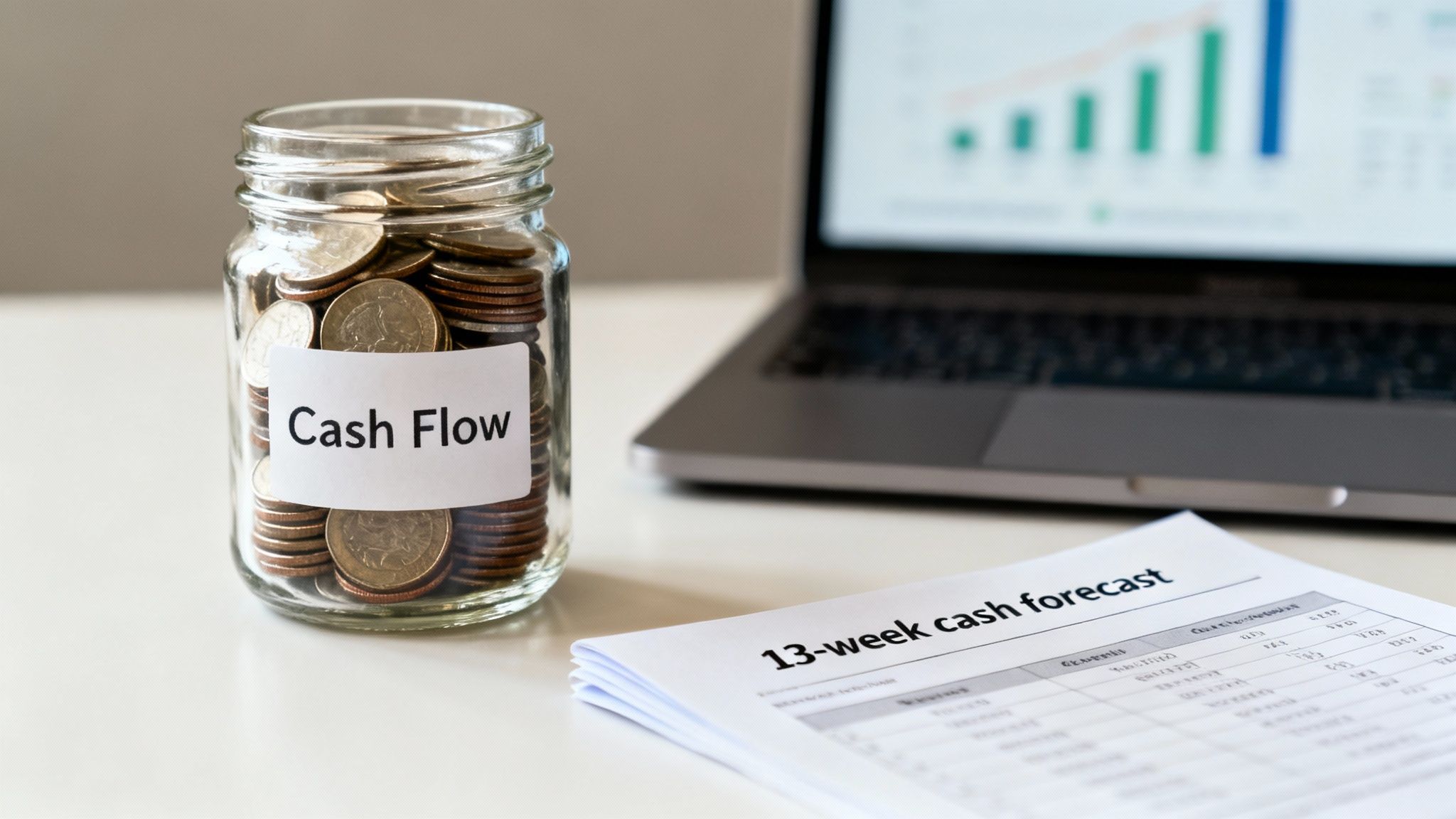 A cash flow jar, a 13-week cash forecast document, and a laptop displaying financial data.