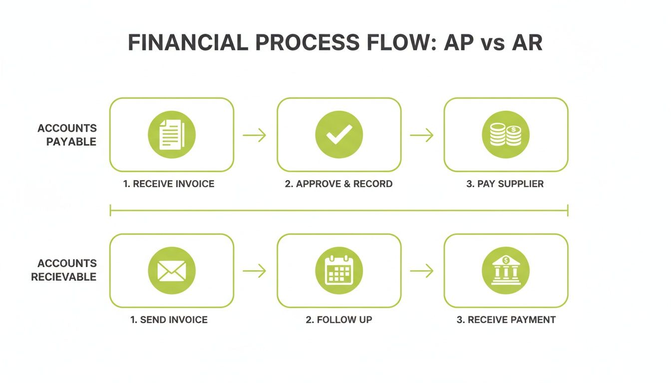 Flowchart detailing the financial process for Accounts Payable and Accounts Receivable, showing steps for each.