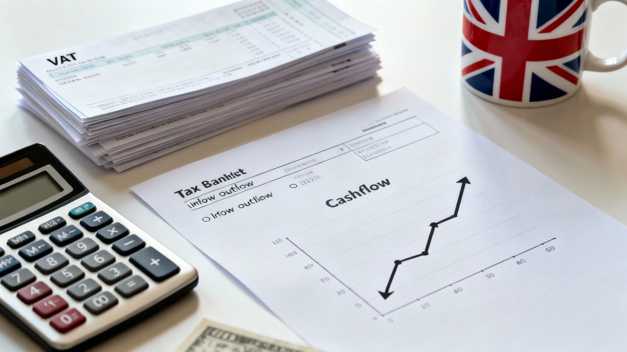 Desk with financial documents, a calculator, a cash flow chart, and a UK flag mug.