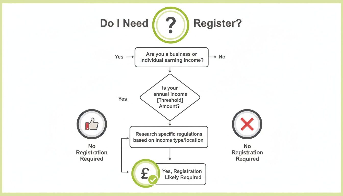 Flowchart guiding individuals and businesses to determine if registration is required based on income.
