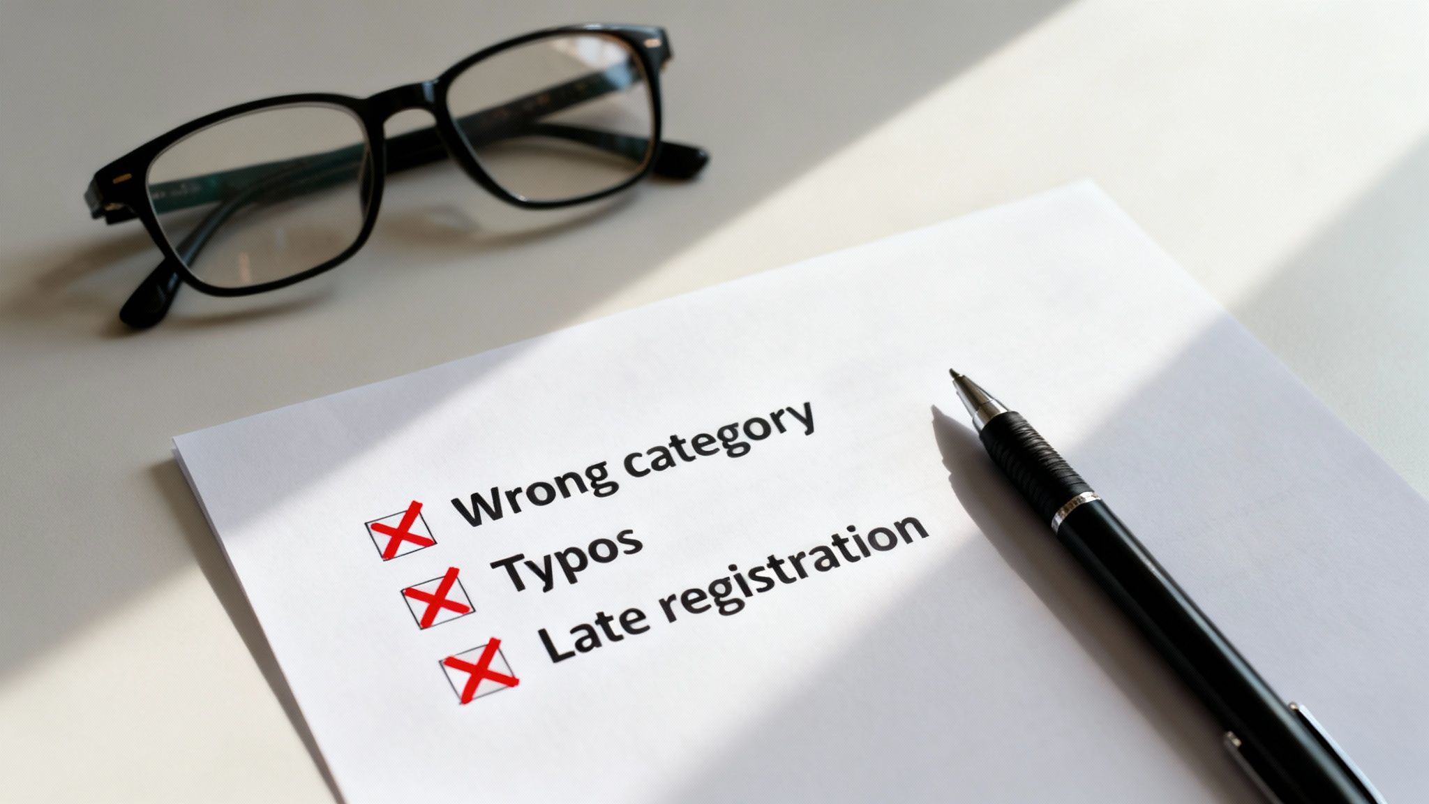 A checklist on paper shows 'Wrong category', 'Typos', and 'Late registration' marked with red crosses, next to a pen and glasses.