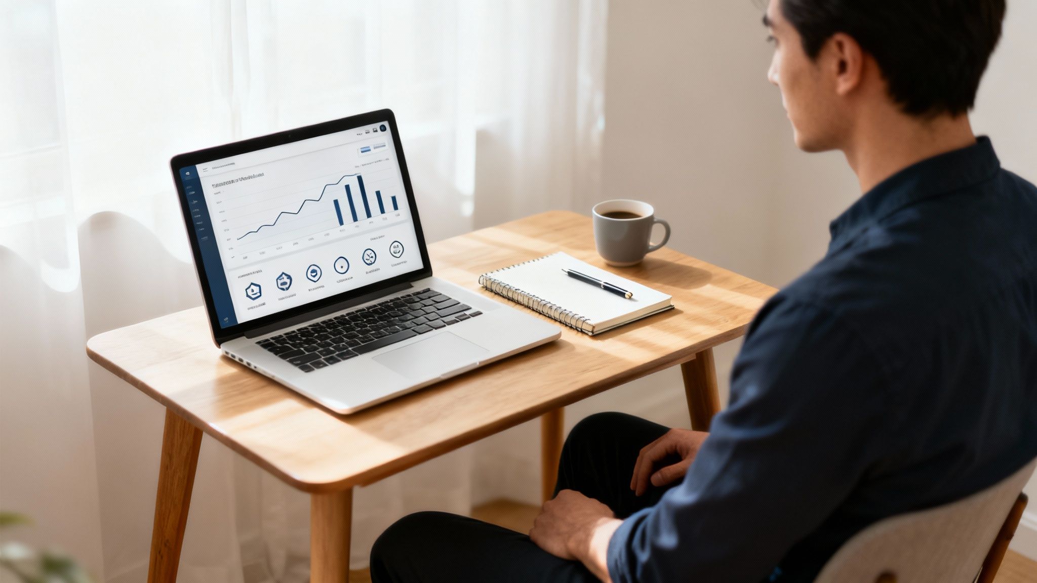 A man views a laptop displaying business analytics graphs and charts on a wooden desk with a coffee and notebook.