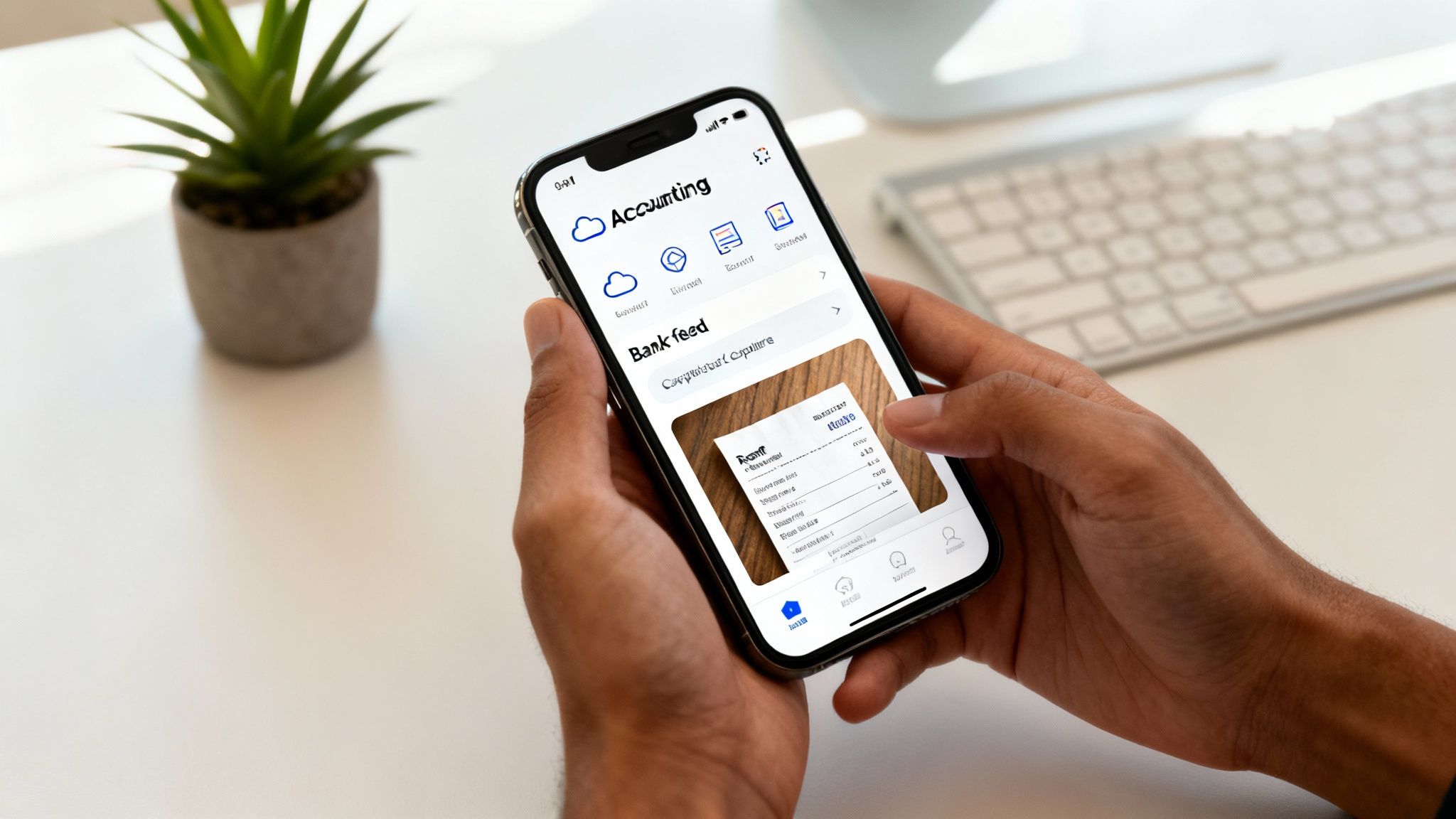 Hands holding a smartphone showing an accounting application with a bank feed and a receipt.