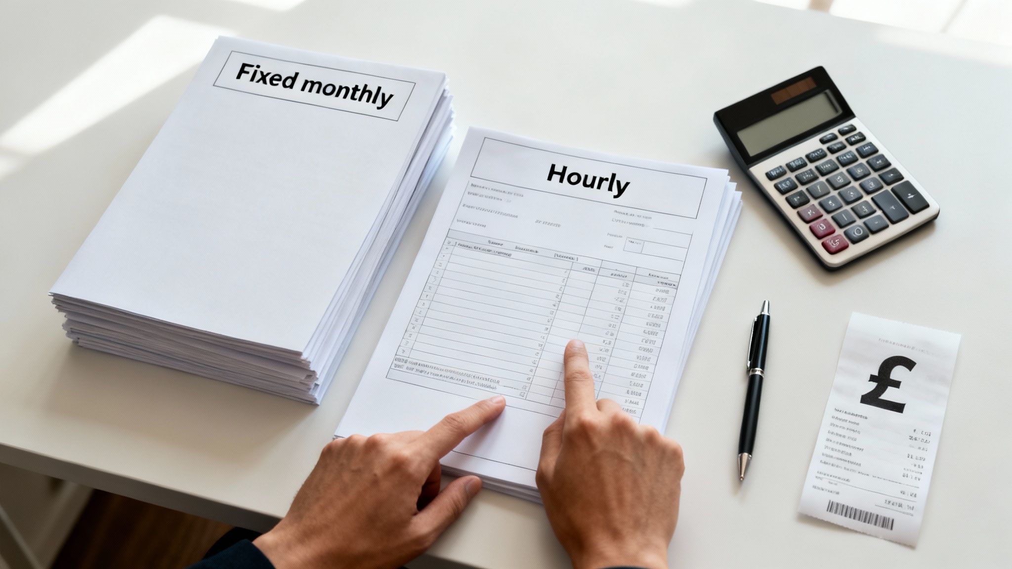 Hands reviewing 'Hourly' and 'Fixed monthly' documents, alongside calculator and receipt.