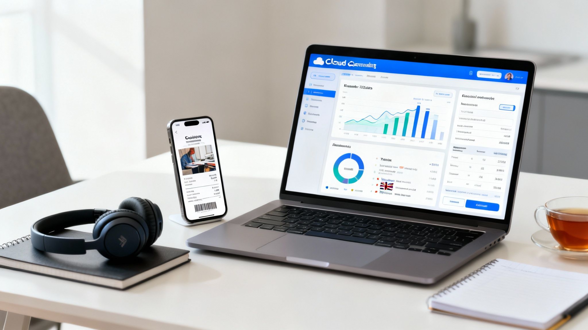 A modern desk setup featuring a laptop with cloud accounting software, a smartphone, headphones, and a cup of tea.