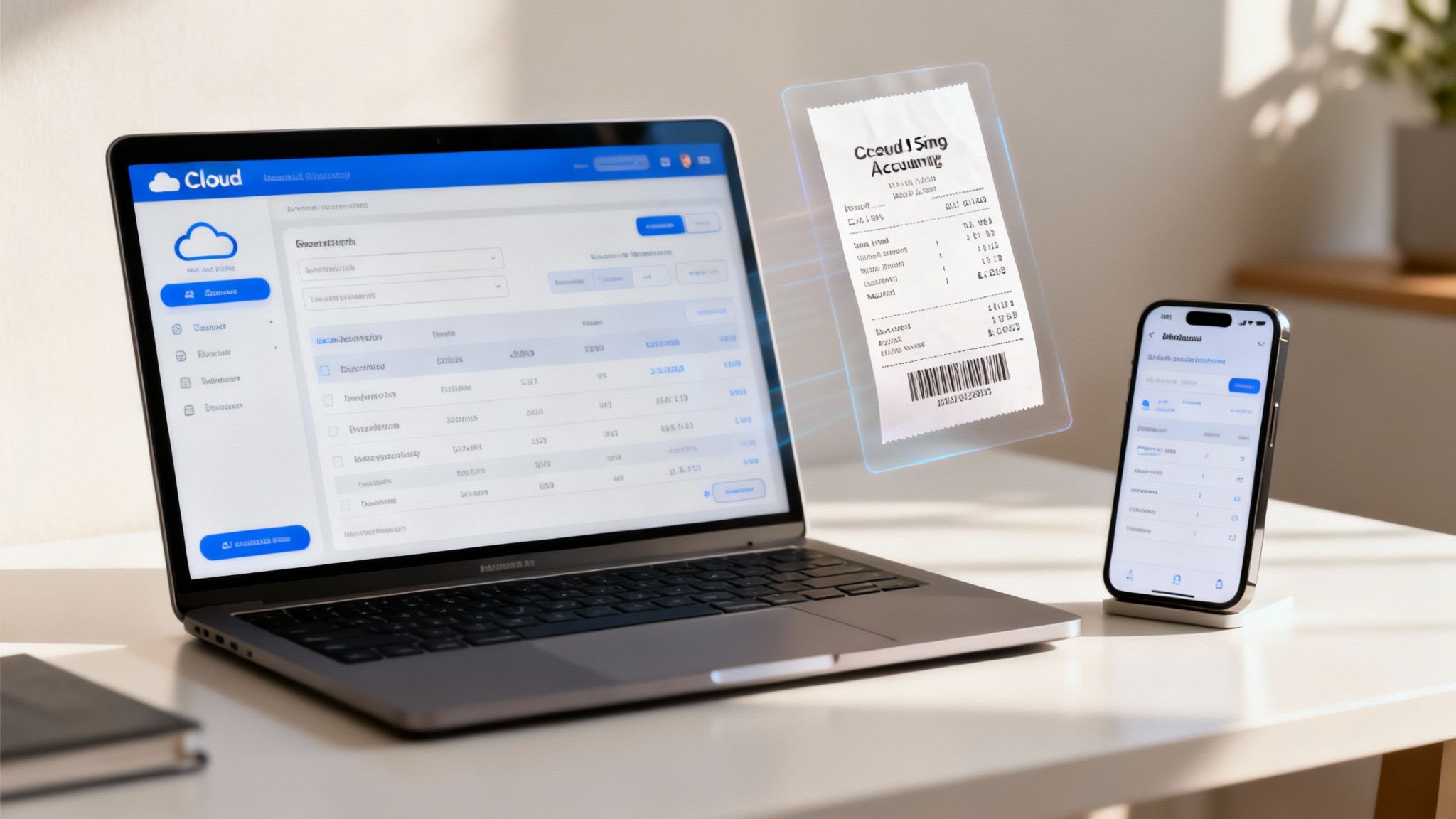 A laptop displays cloud accounting software, a smartphone, and a holographic receipt, symbolizing digital financial management.