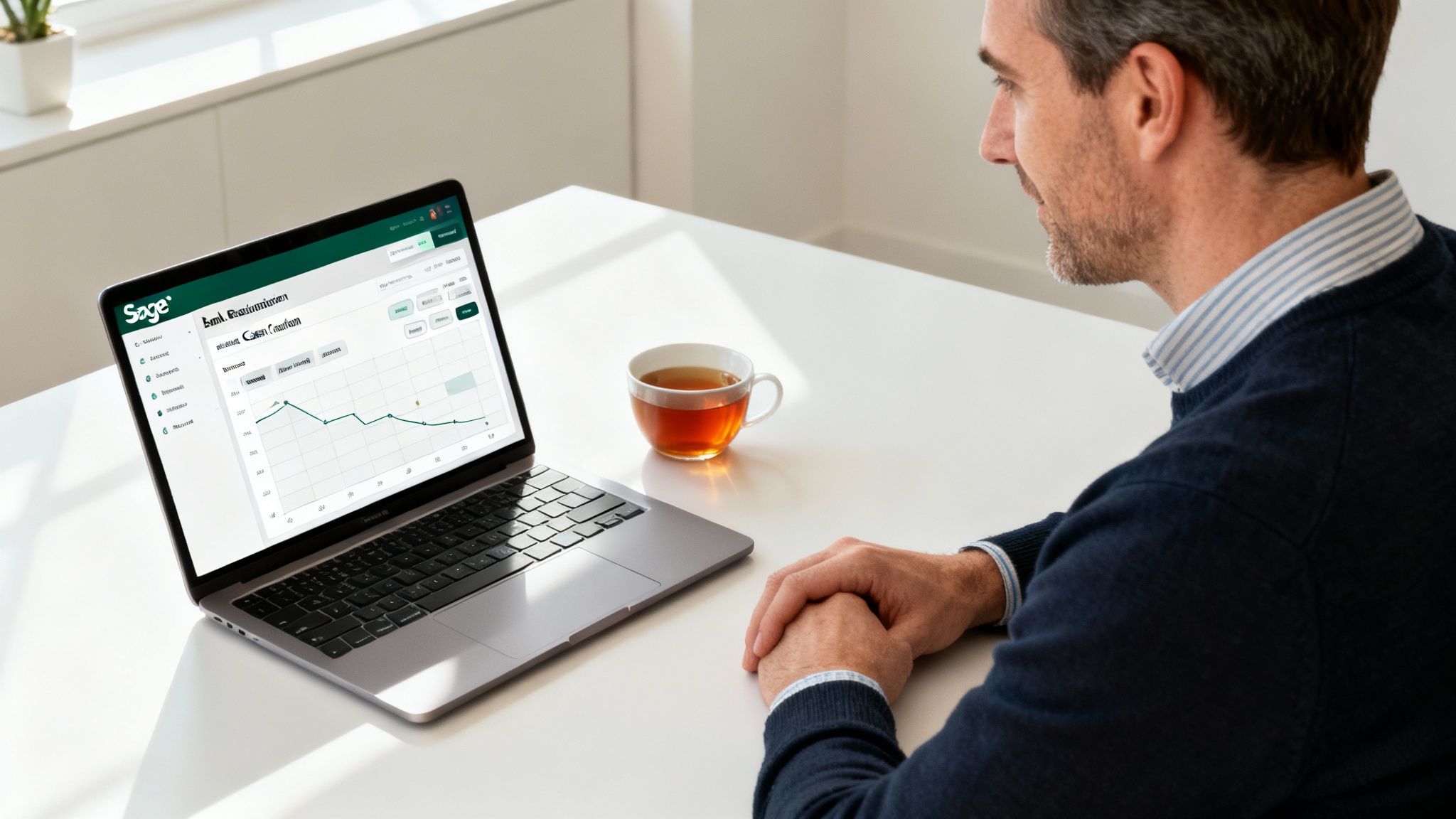 A man sits at a desk, focused on a laptop displaying Sage bank reconciliation data.