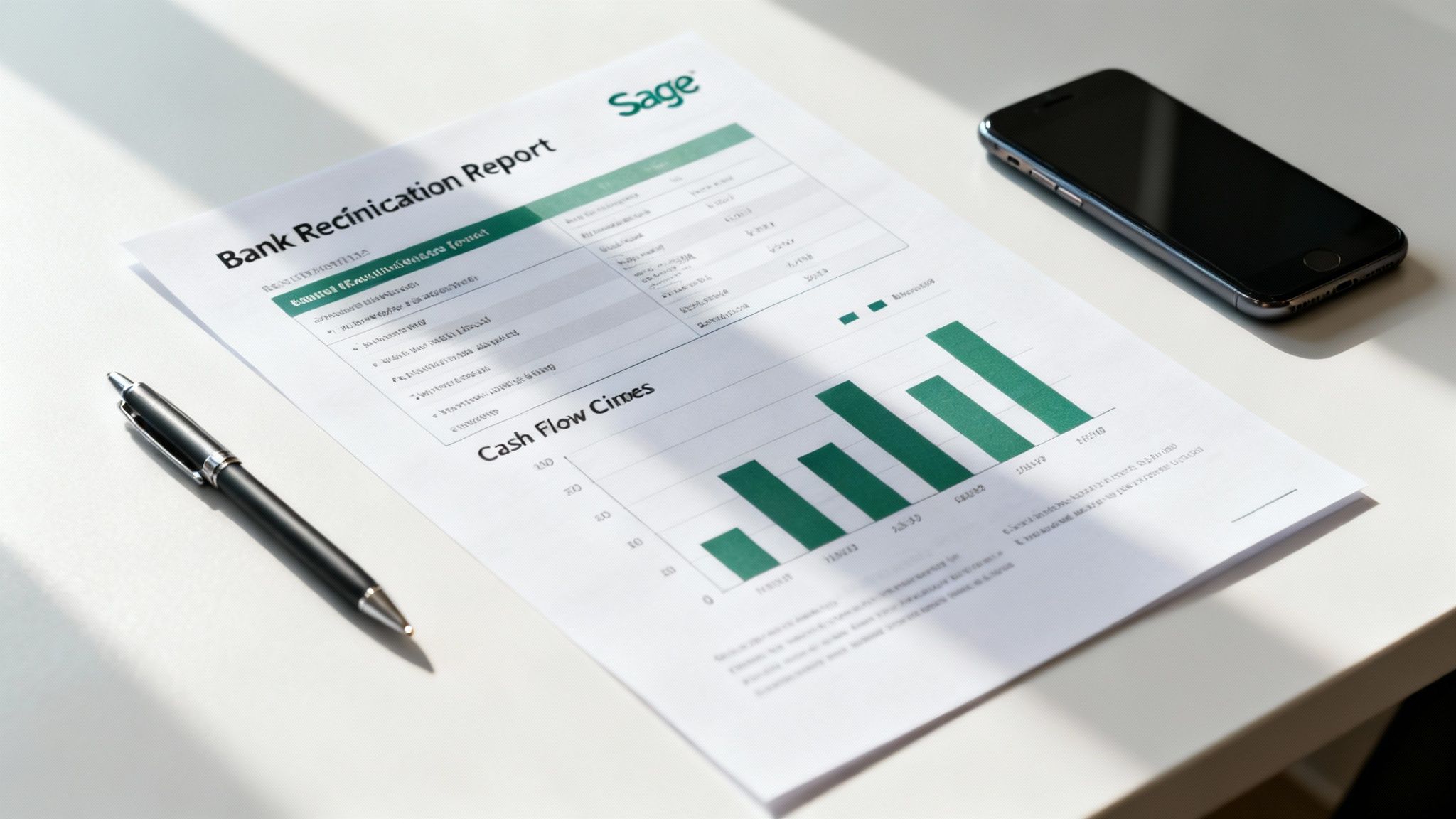 A Bank Reconciliation Report with a Sage logo, cash flow chart, pen, and smartphone on a white desk.