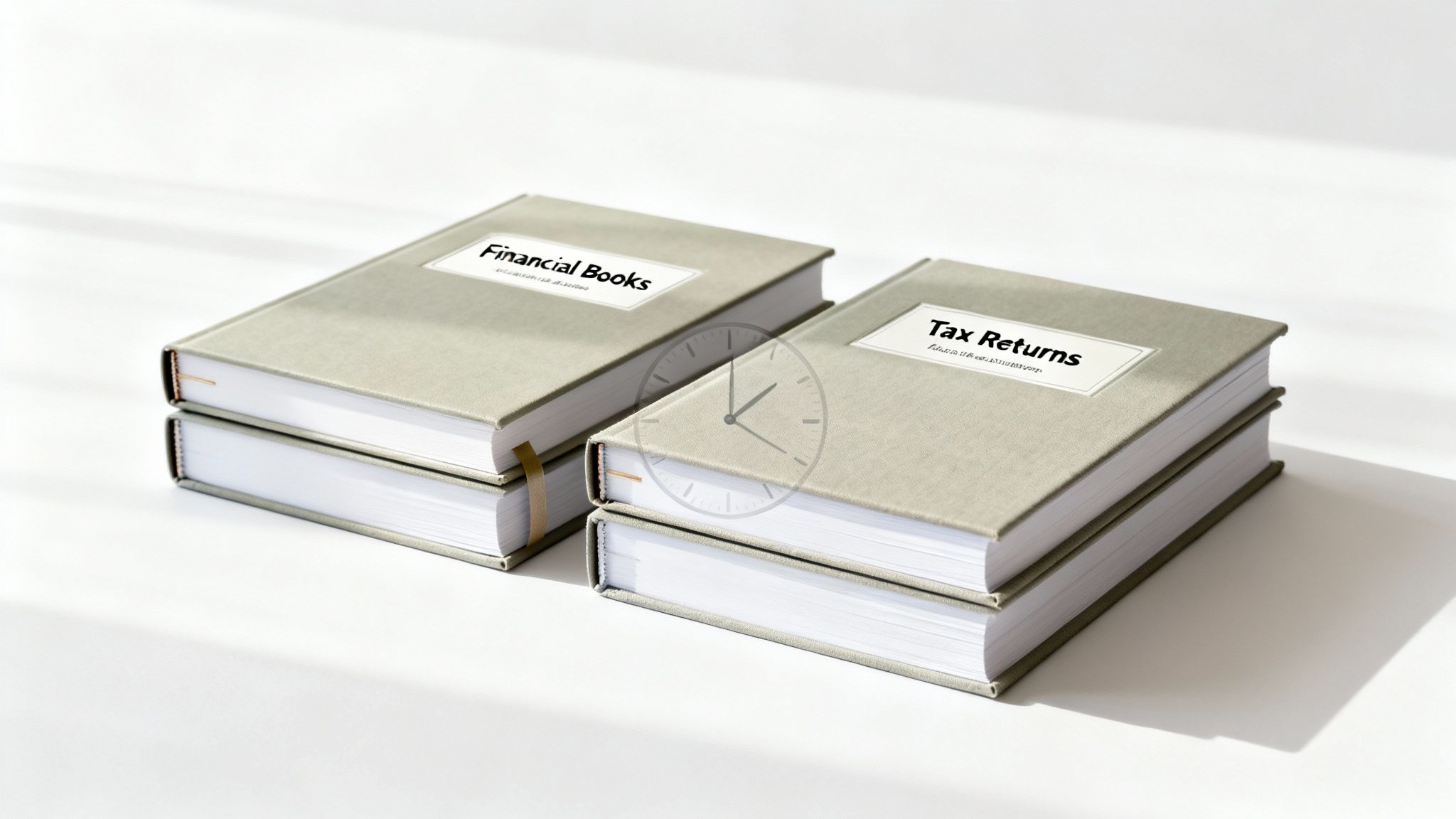 Two stacks of grey books labeled 'Financial Books' and 'Tax Returns', with a translucent clock overlay.