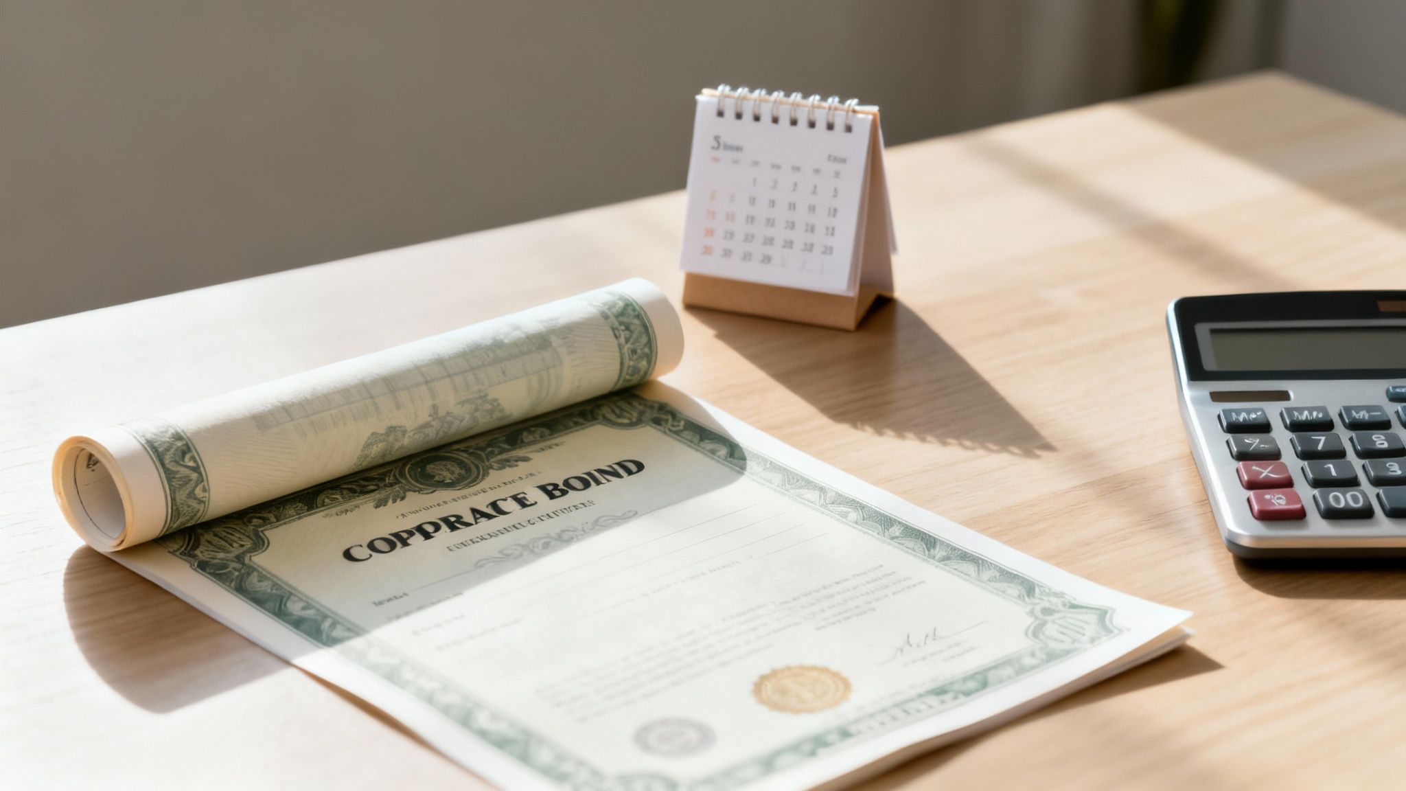 Close-up of a corporate bond certificate, calendar, and calculator on a sunny desk.