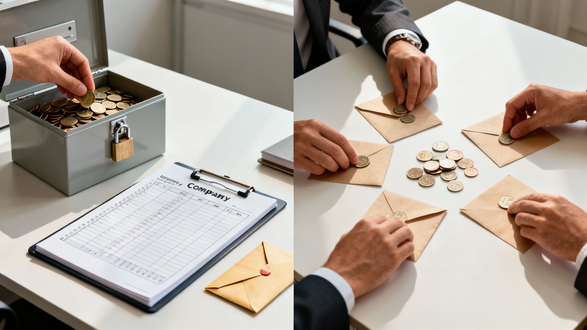 Hands managing company finances, saving coins in a cash box and distributing them into envelopes.
