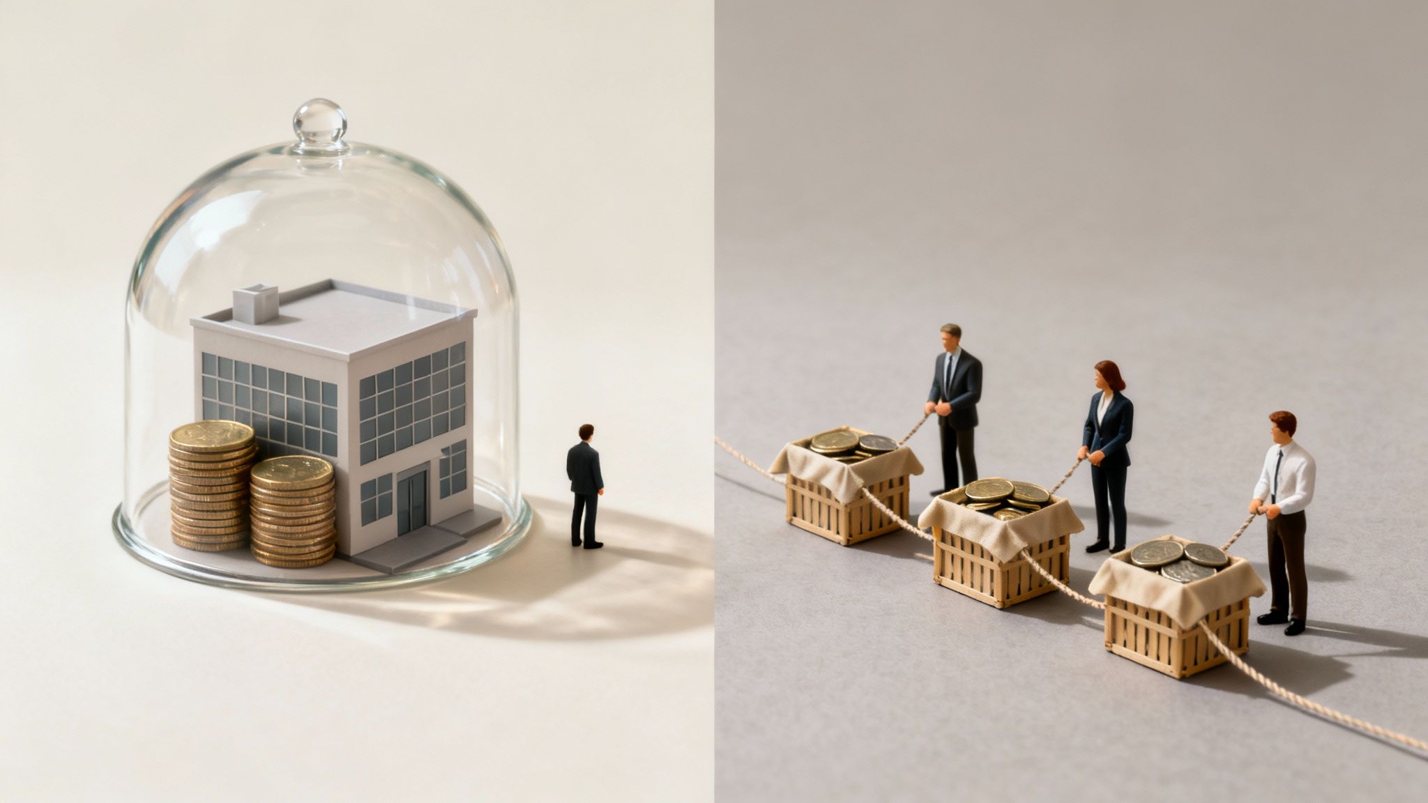 A split image: a miniature house and coins protected under a glass dome, and people pulling crates of money.