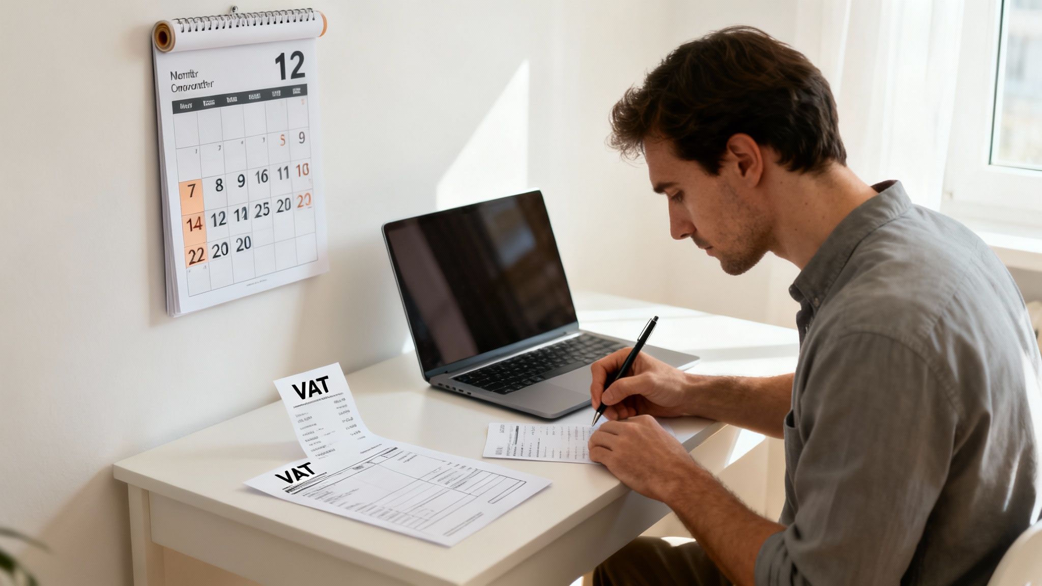 A man reviews VAT documents and notes at a desk with a laptop and wall calendar.