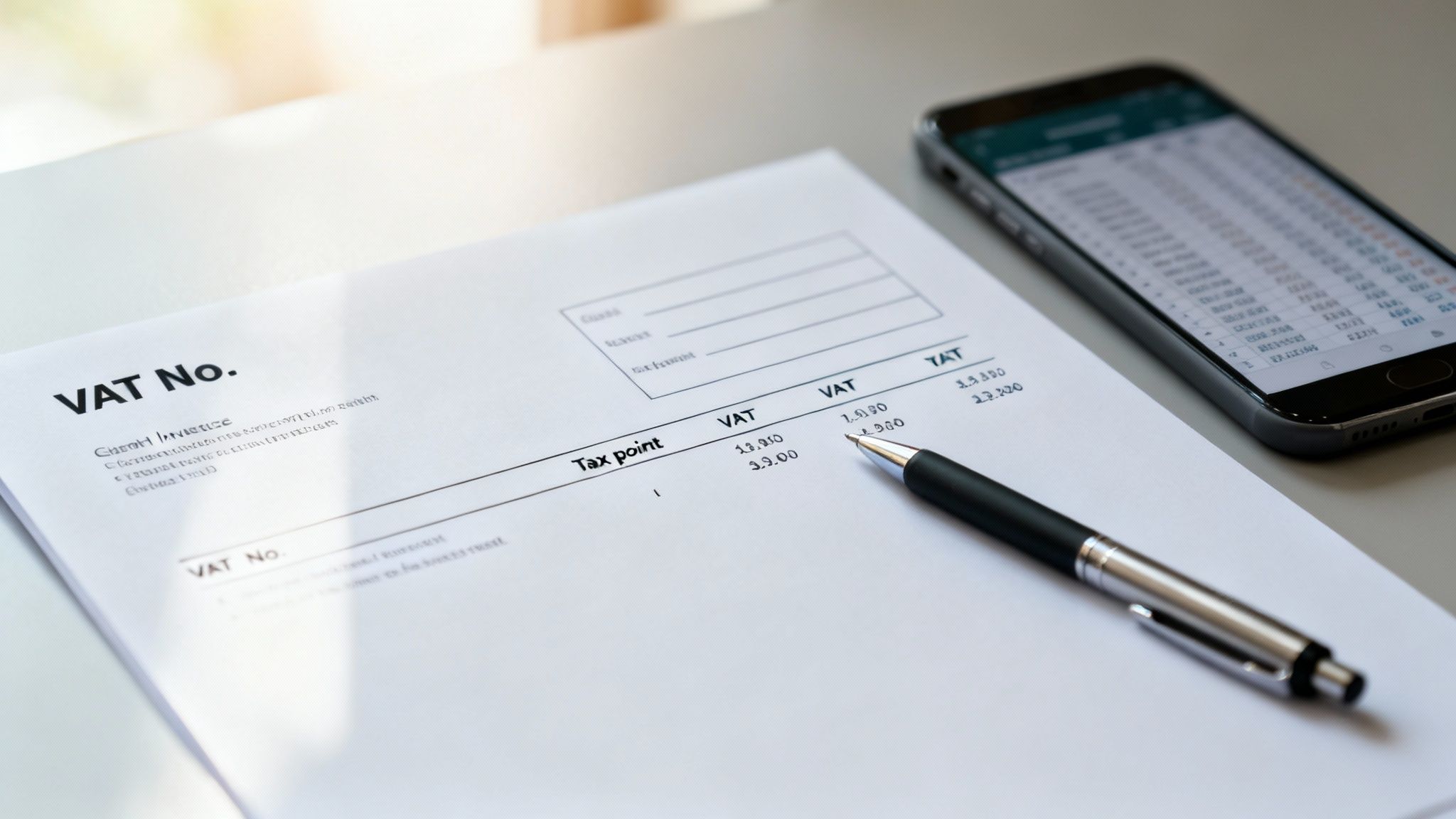 A document labeled 'VAT No.' with financial figures, a pen, and a smartphone displaying a spreadsheet.