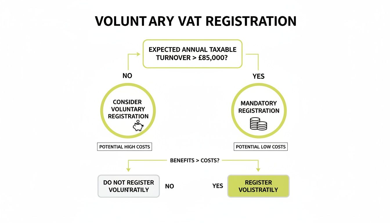 Flowchart guiding decision-making for voluntary VAT registration based on turnover and cost-benefit analysis.