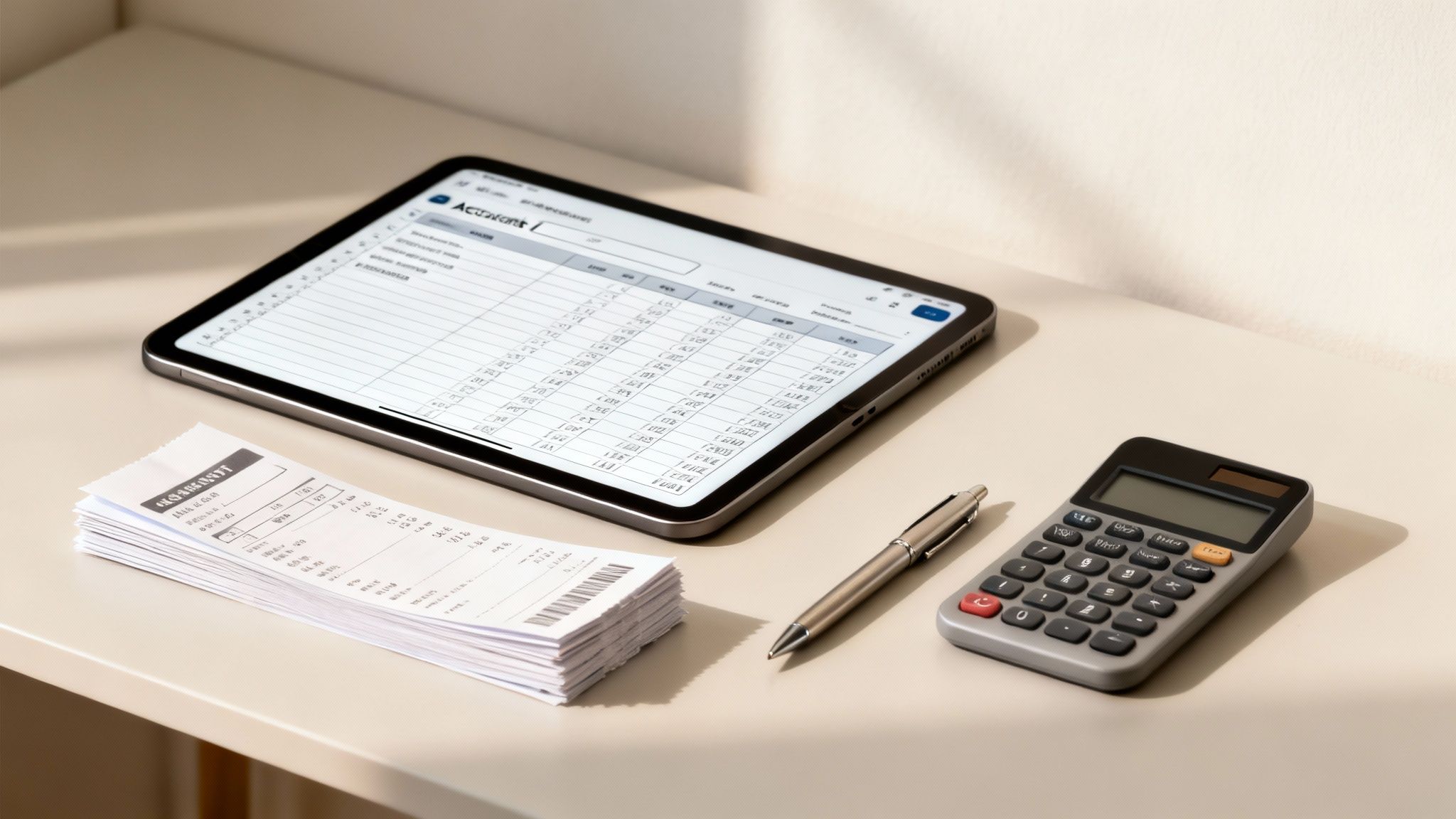 A tablet displays a financial spreadsheet next to a stack of receipts, a pen, and a calculator on a desk.