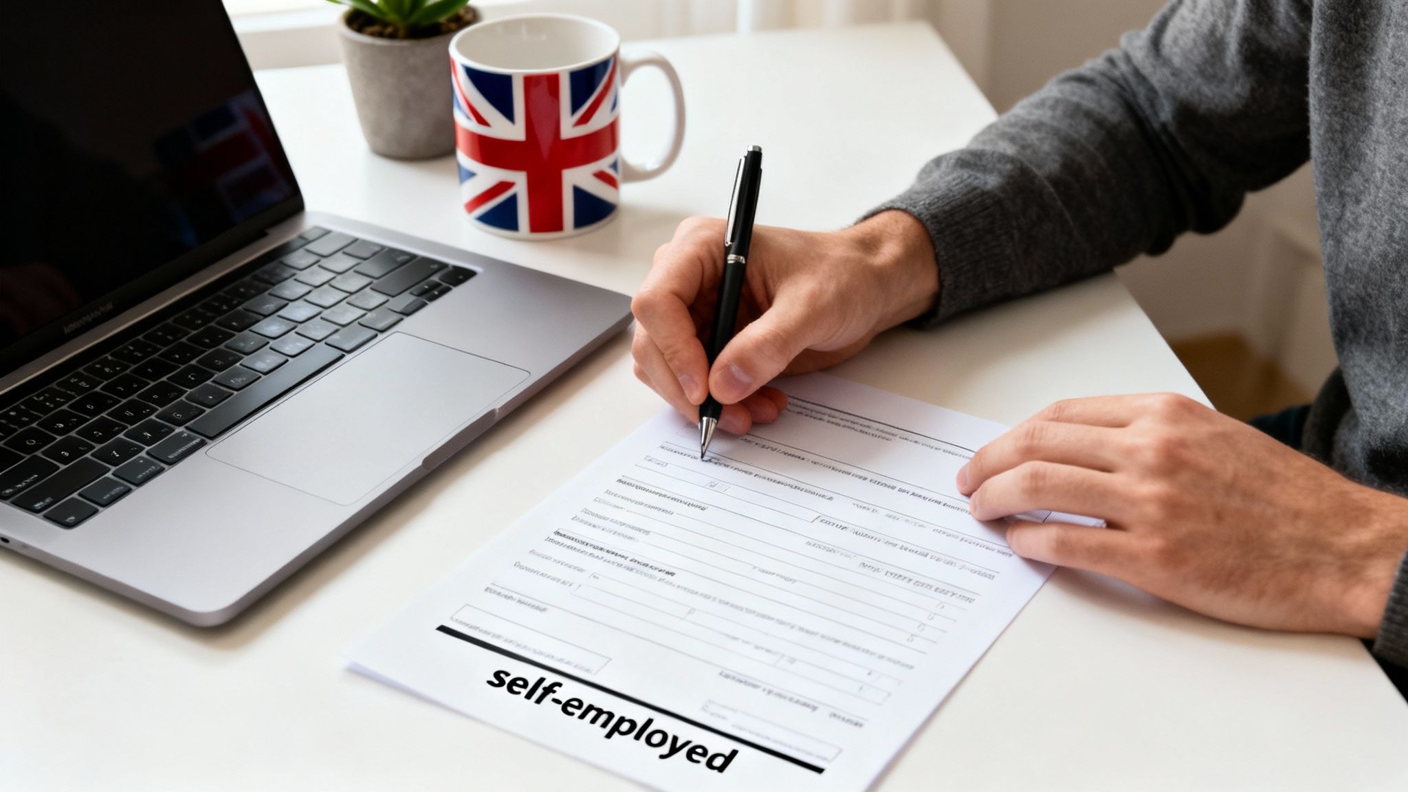 Person writing on a self-employed form at a desk with a laptop and Union Jack mug.