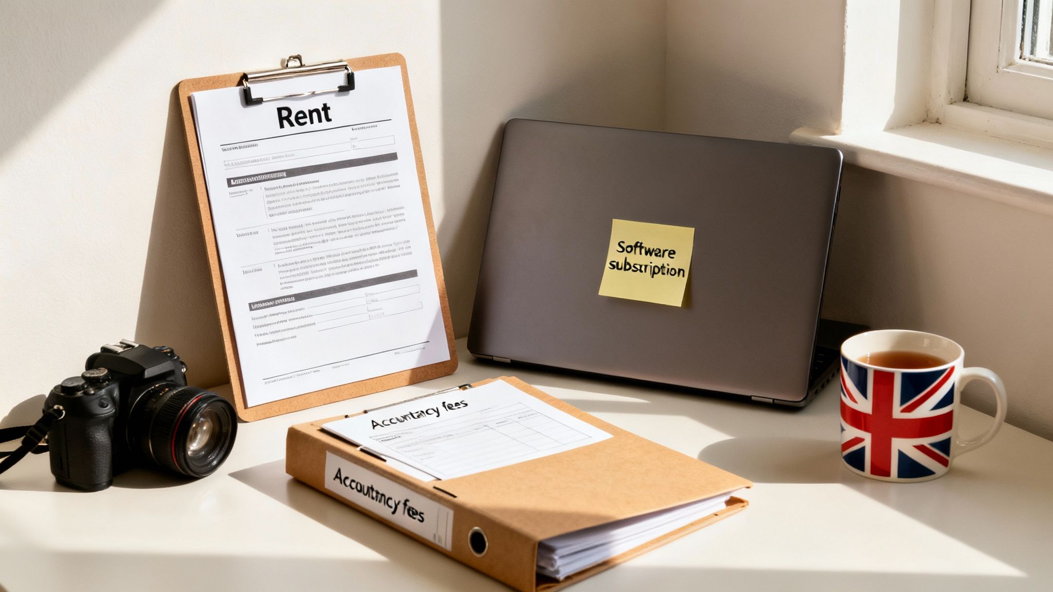 A desk with documents for rent, a laptop with a 'Software subscription' note, a camera, and an 'Accountancy fees' binder.