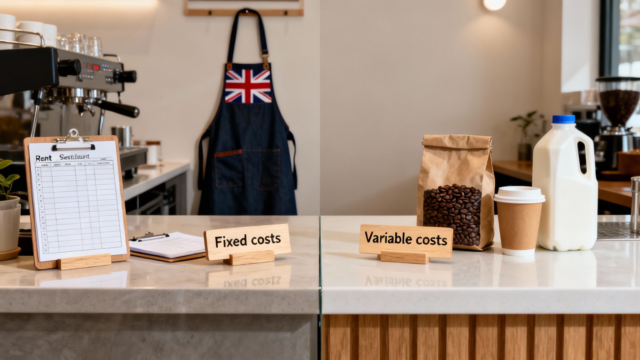 A coffee shop counter displaying 'Fixed costs' like rent and 'Variable costs' such as coffee and milk.