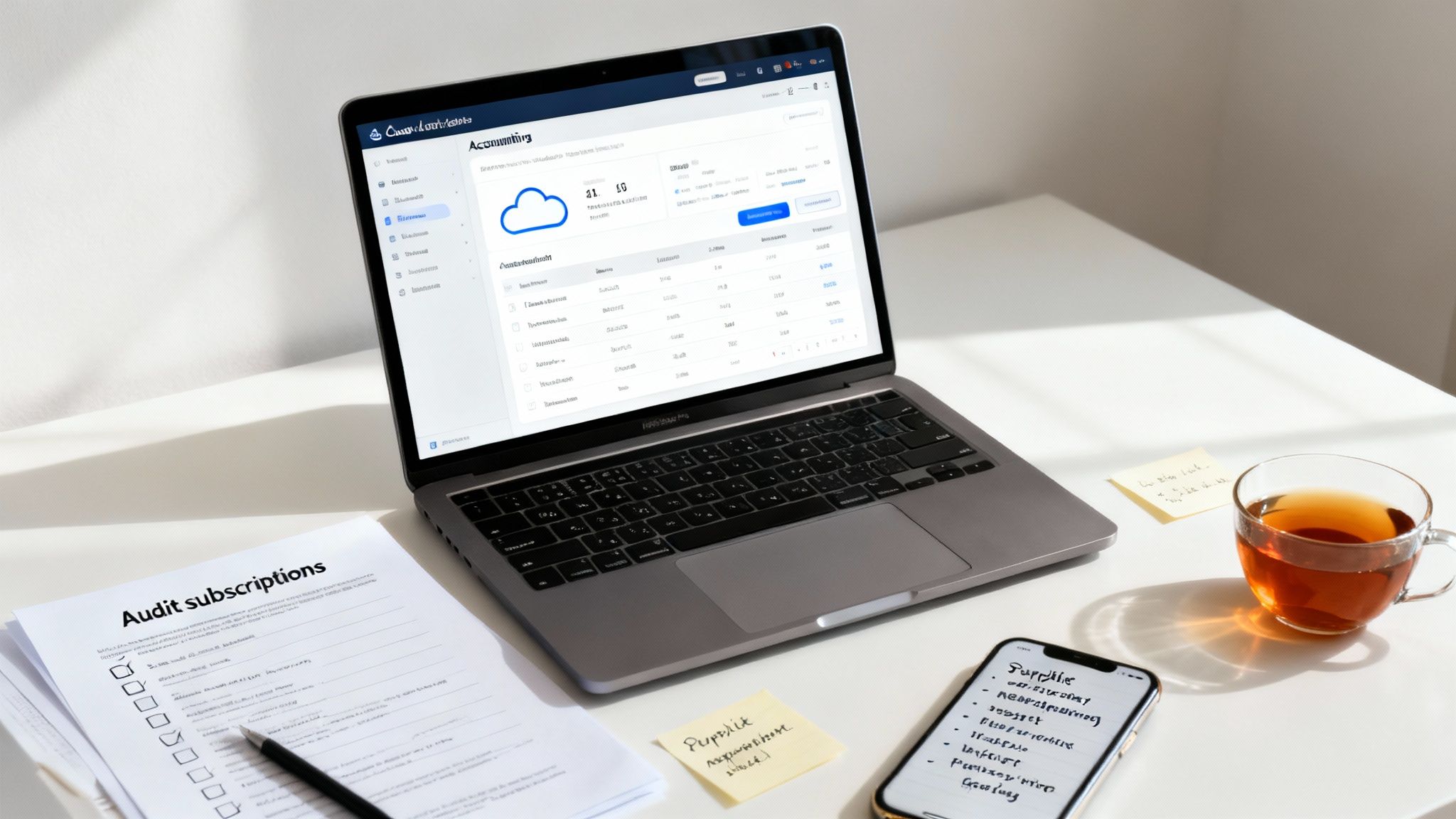 A professional workspace featuring a laptop with accounting software, documents, a phone, and a cup of tea.