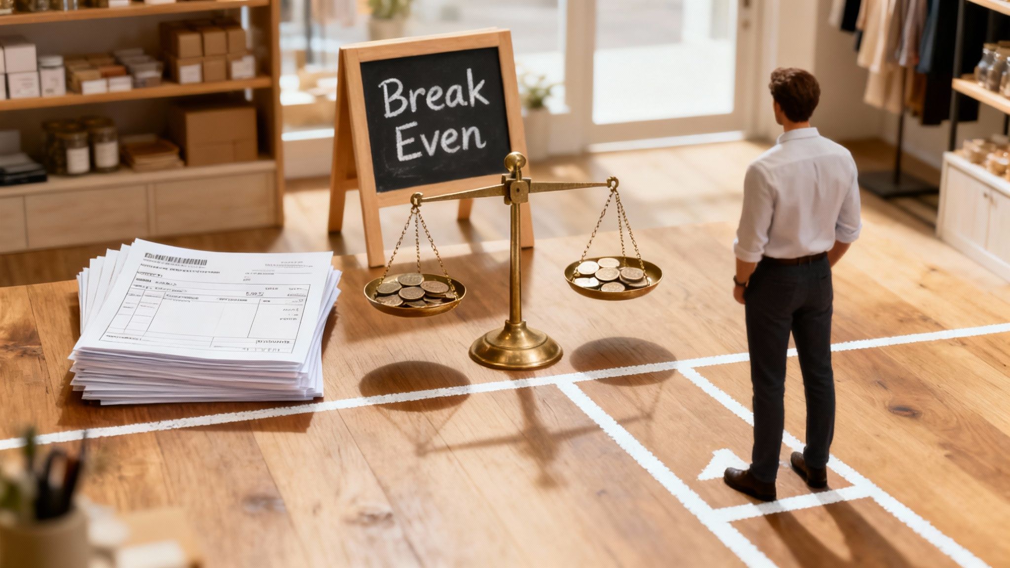 A man in a store looks at a balanced scale with coins, a "Break Even" sign, and financial documents.