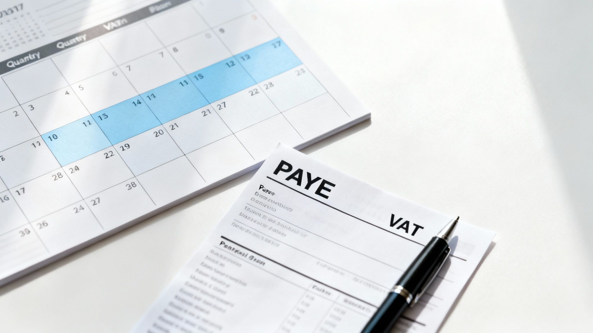 Close-up of a calendar showing highlighted dates next to tax documents (PAYE, VAT) and a pen.