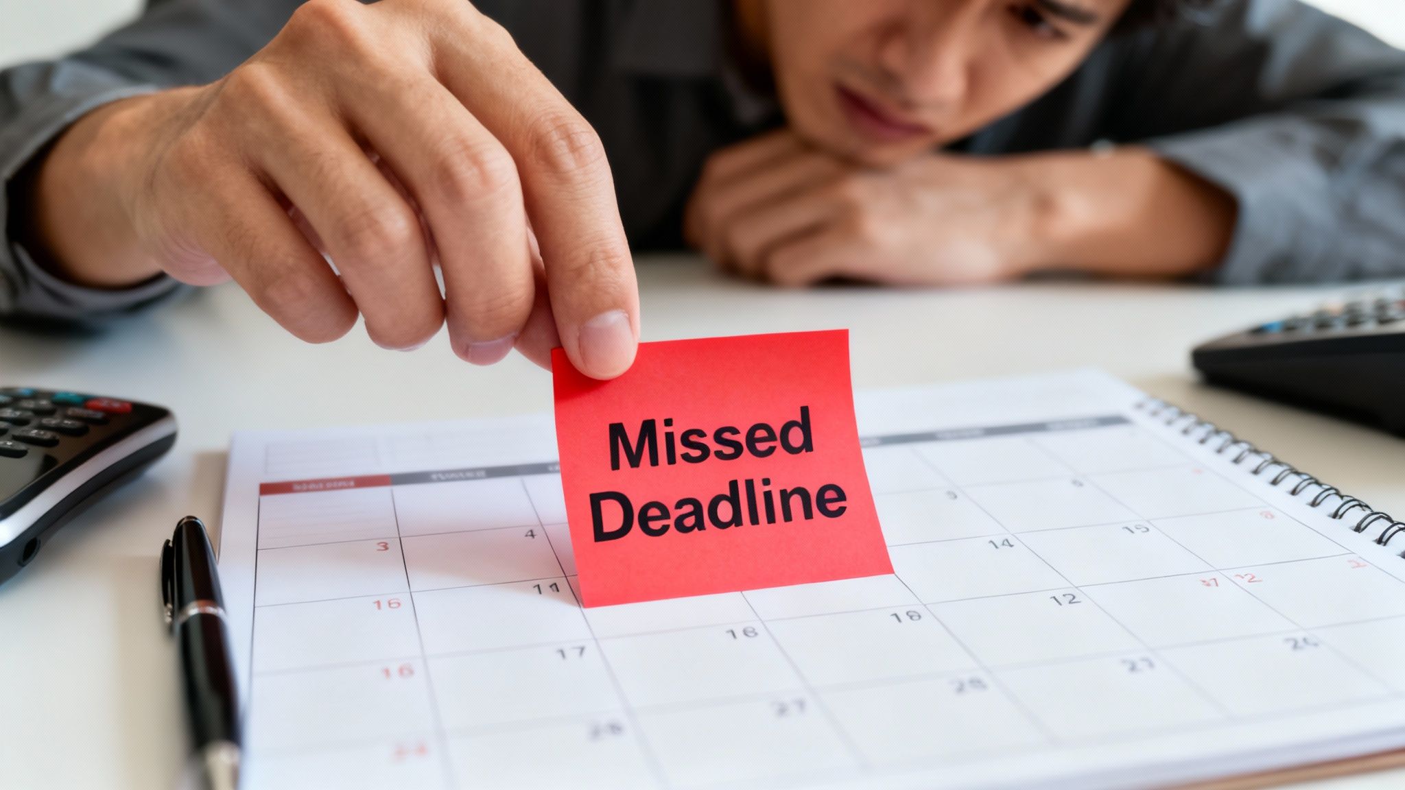 A man places a red sticky note with 'Missed Deadline' on a calendar, looking stressed.