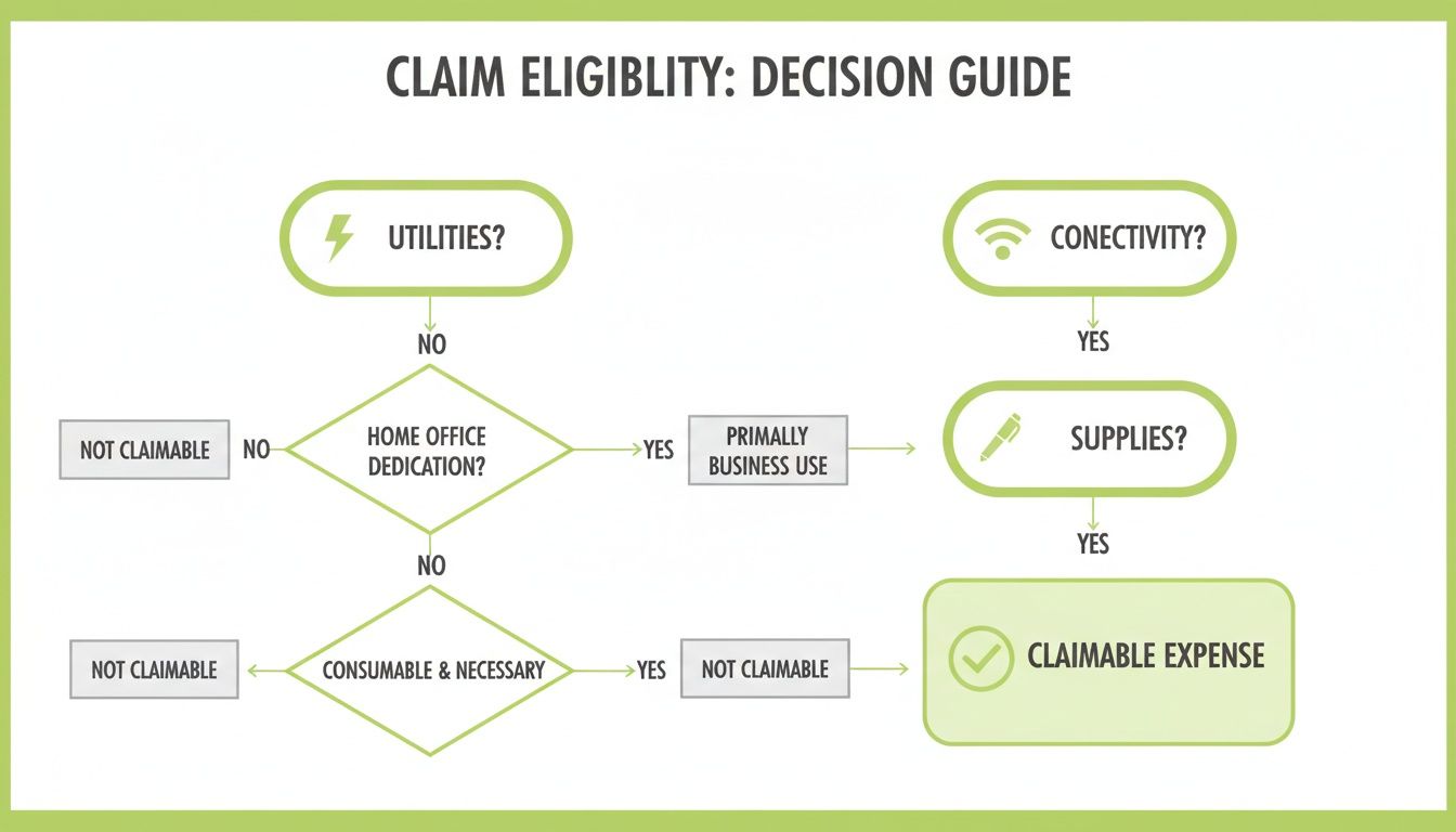 Flowchart illustrating claim eligibility decisions for utilities, home office, connectivity, and supplies expenses.