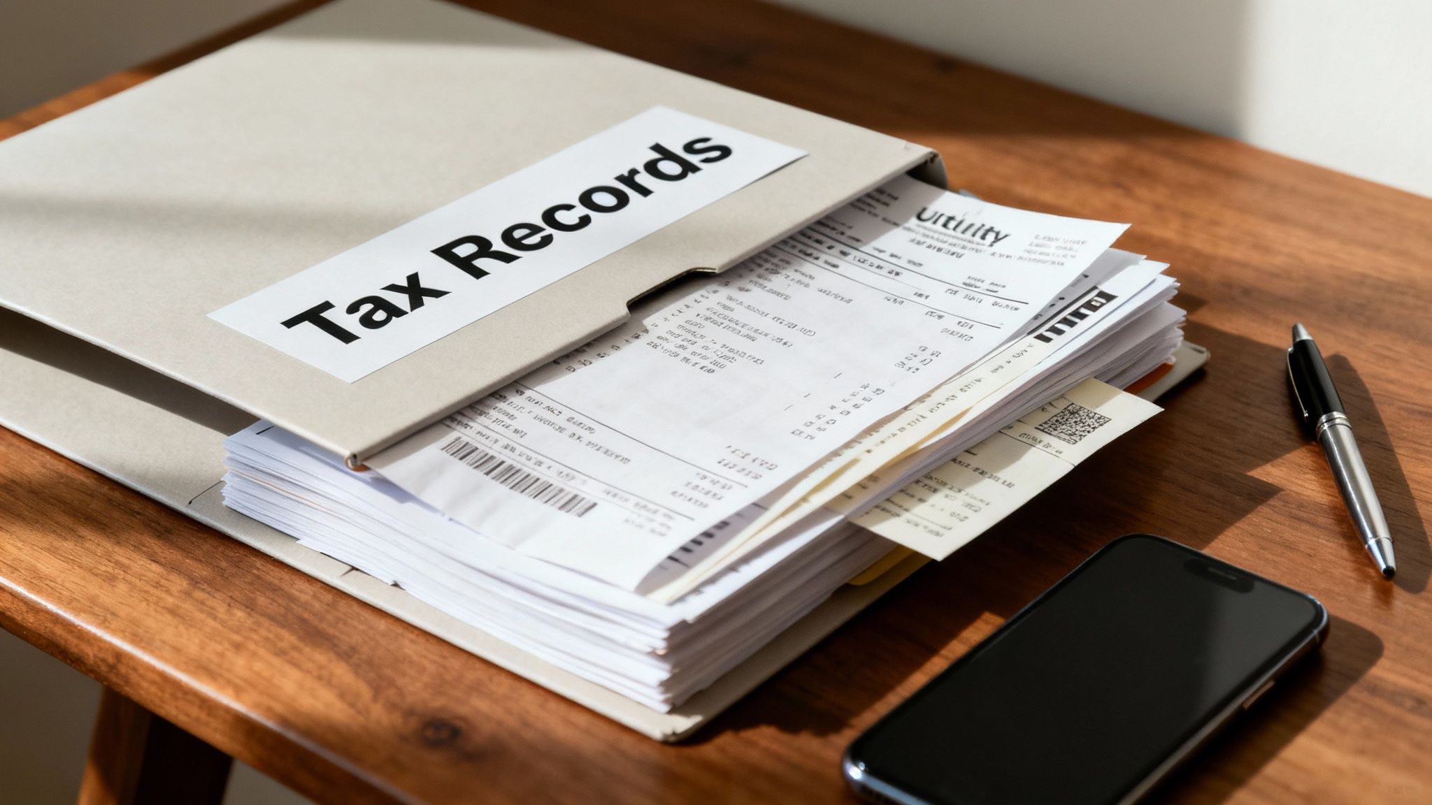 Close-up of a 'Tax Records' folder overflowing with receipts and financial documents on a desk.