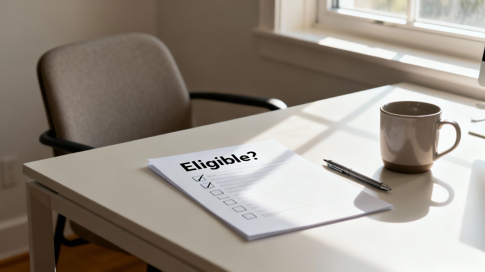 A document titled 'Eligible?' with checkboxes, a pen, and a coffee mug on a sunlit desk.
