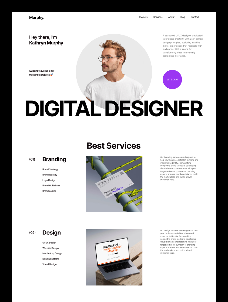 Murphy polished Webflow portfolio template preview featuring a simple and elegant layout for creative professionals.