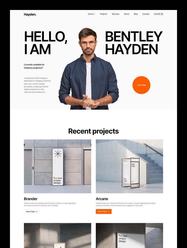 Hayden professional Webflow portfolio template screenshot showing a polished and simple design for creative work.