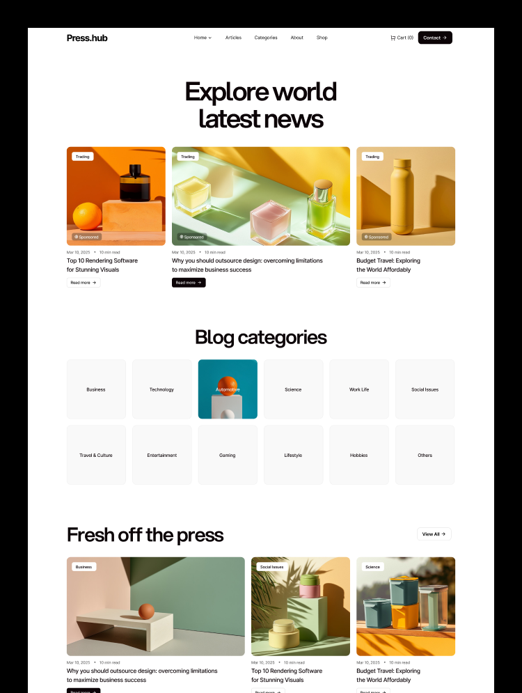 Press.hub modern blog Webflow template preview featuring a sleek layout for writers and digital magazines.
