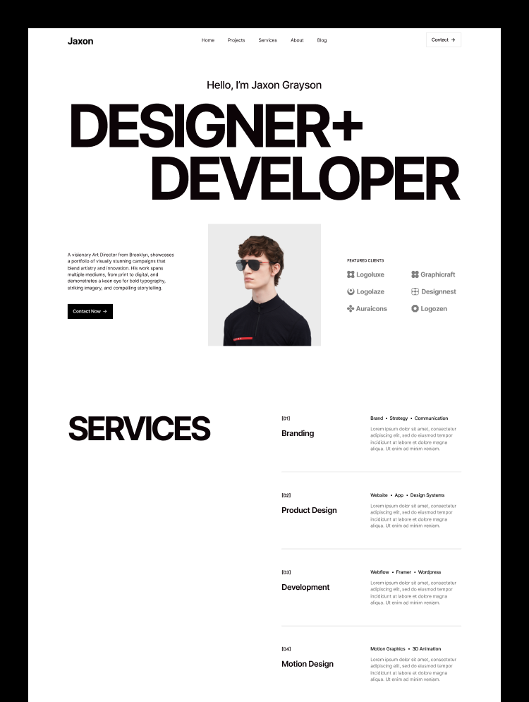 Jaxon elegant personal portfolio Webflow template screenshot featuring a polished layout for creative professionals.