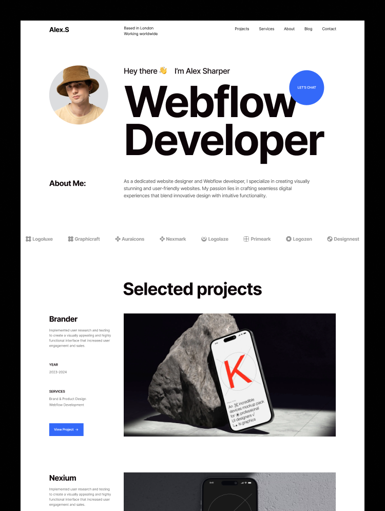 Alex.S - A polished and elegant Webflow portfolio website template. This template, which is perfect for designers, developers, photographers, and other creatives, elegantly and simply displays your work.