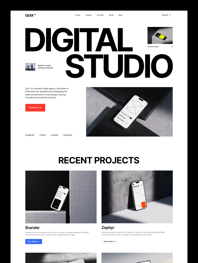 Quix™ Studio minimal agency Webflow template preview featuring an editorial-inspired layout for design studios.