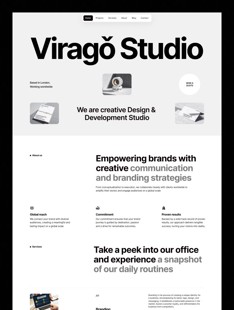 Viragǒ minimalistic design studio Webflow template interface featuring a clean, professional aesthetic for agencies.
