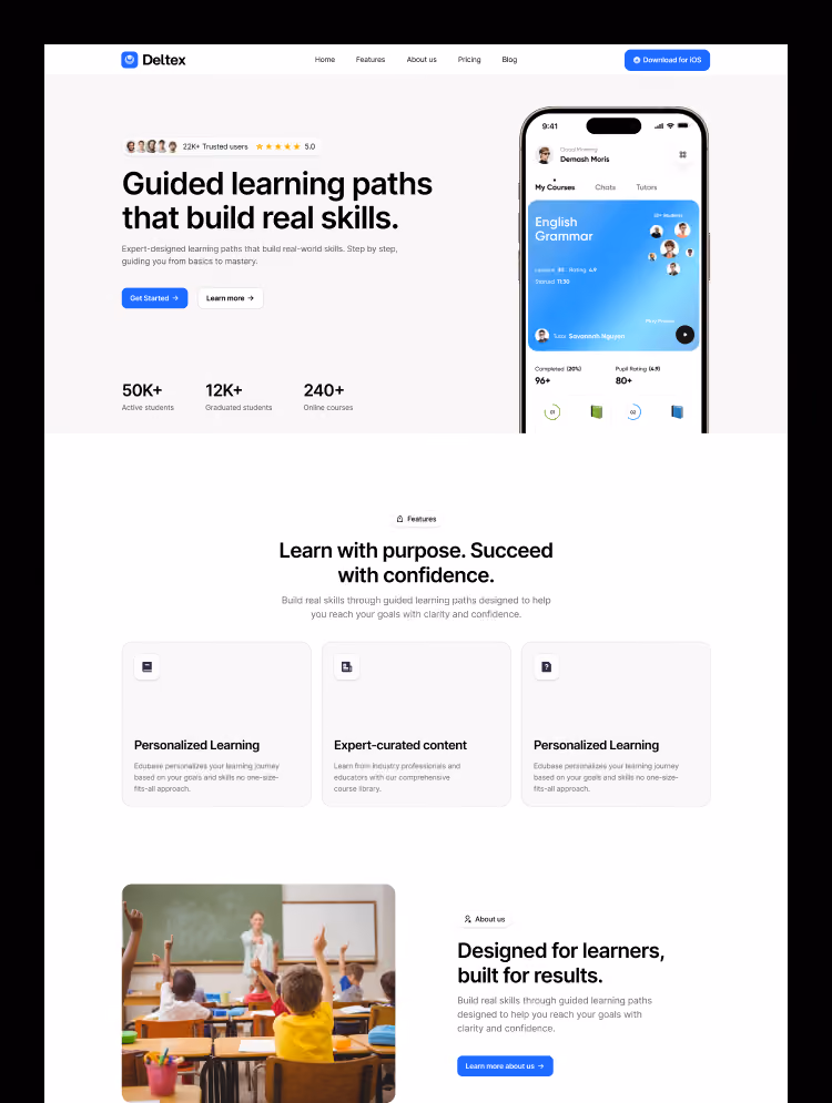 Deltex education management system template by Quix Studio main landing page design.